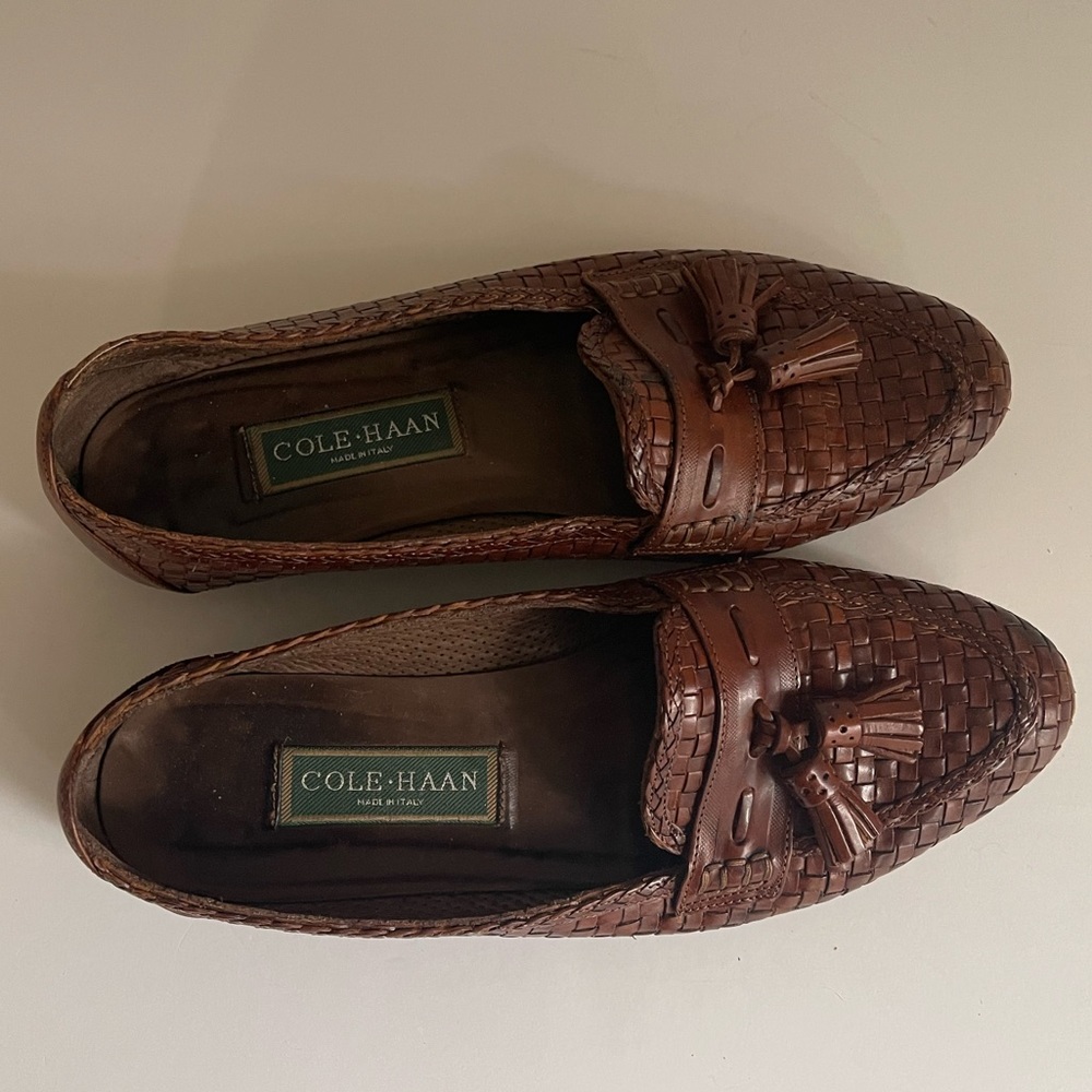 Cole Haan Brown Woven Leather Tassel Loafers - Picture 8 of 10